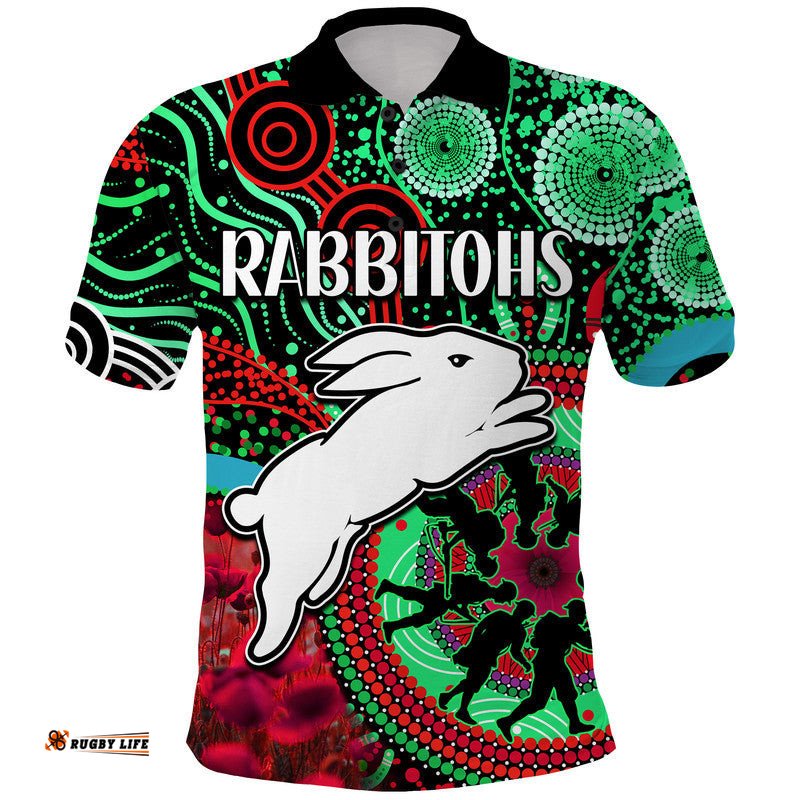 Rabbitohs Rugby ANZAC Polo Shirt Aboriginal Military and Poppy Flowers Amazing Aussie
