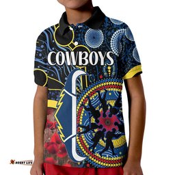 Custom Personalised Cowboys Rugby ANZAC Polo Shirt Aboriginal Military and Poppy Flowers Amazing Aussie
