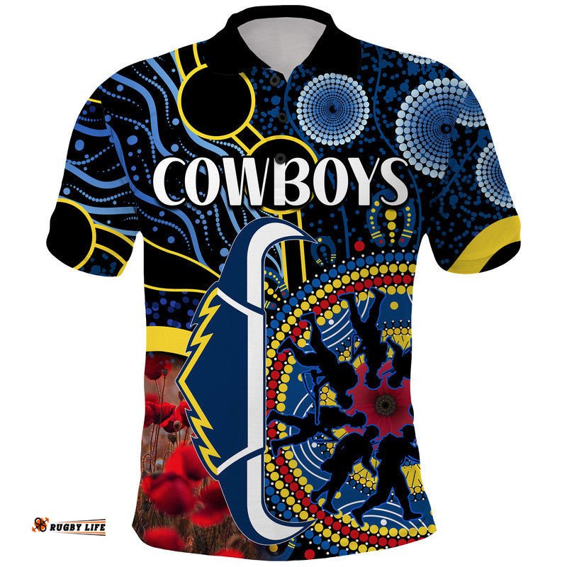 Custom Personalised Cowboys Rugby ANZAC Polo Shirt Aboriginal Military and Poppy Flowers Amazing Aussie