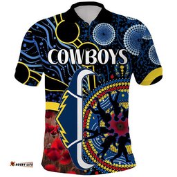 Custom Personalised Cowboys Rugby ANZAC Polo Shirt Aboriginal Military and Poppy Flowers Amazing Aussie