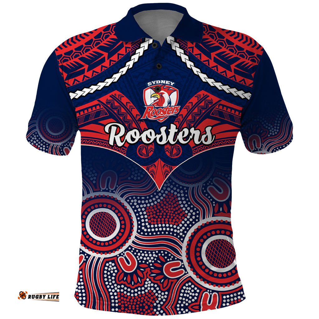 Personalised Roosters Rugby Polo Shirt Tricolours 1908 Aboriginal Mix Polynesian Pattern