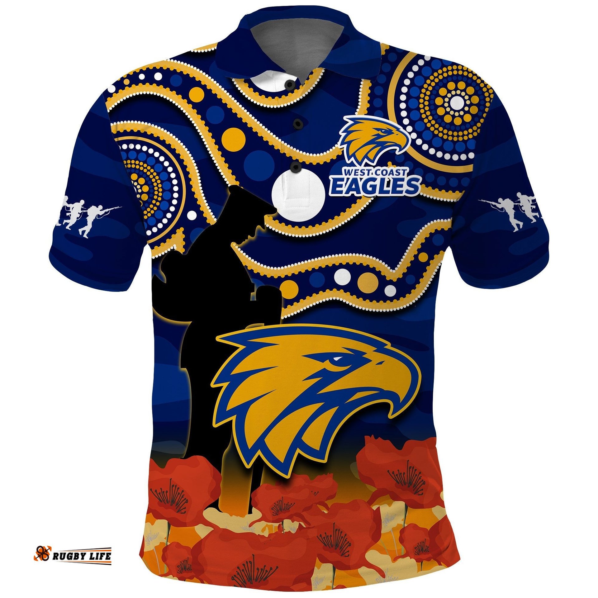 Custom Text And Number Eagles Football ANZAC 2023 Polo Shirt West Coast Indigenous Mix Poppy Camouflage Amazing Aussie