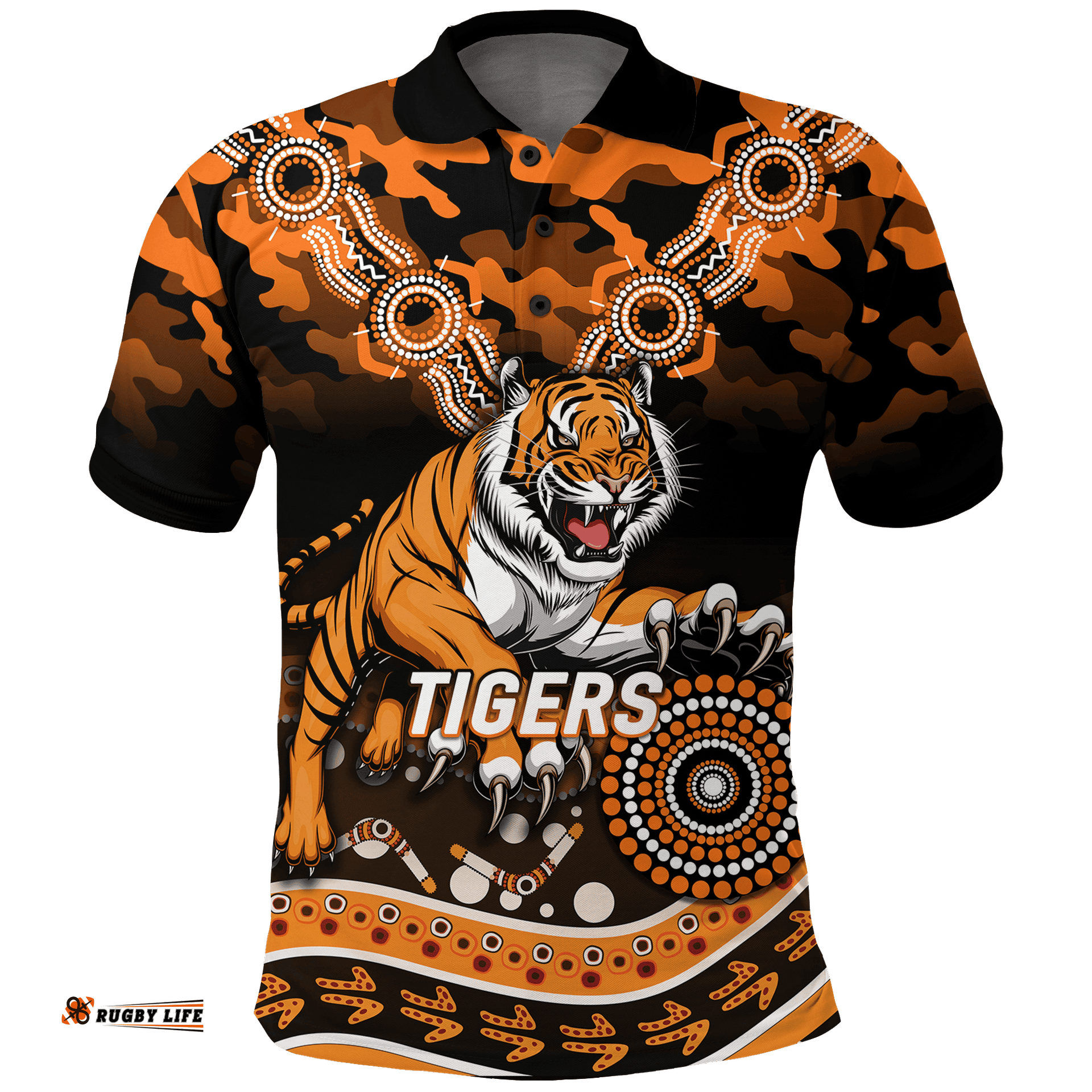 Custom Personalised Tigers Rugby ANZAC Day Camouflage Indigenous Art Polo Shirt