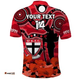 Custom Text And Number St Kilda Football ANZAC 2023 Polo Shirt Saints Aboriginal Mix Poppy Camouflage Amazing Aussie
