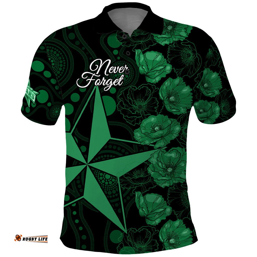 Stars Cricket Never Forget Custom Polo Shirt ANZAC Day with Poppy Aboriginal