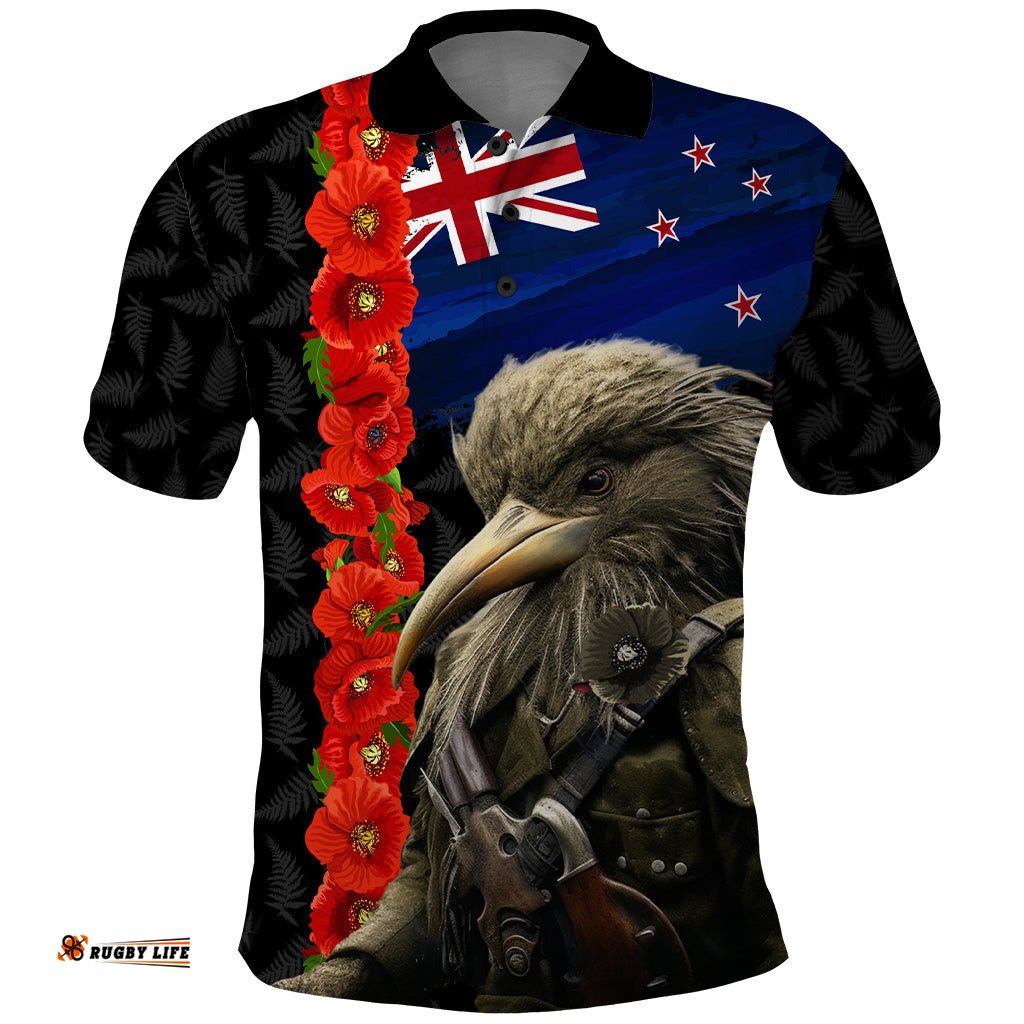New Zealand Kiwi Soldier ANZAC Polo Shirt Red Poppy Flower and Silver Fern Pattern