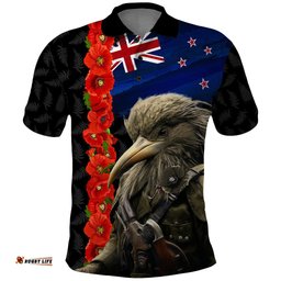 New Zealand Kiwi Soldier ANZAC Polo Shirt Red Poppy Flower and Silver Fern Pattern