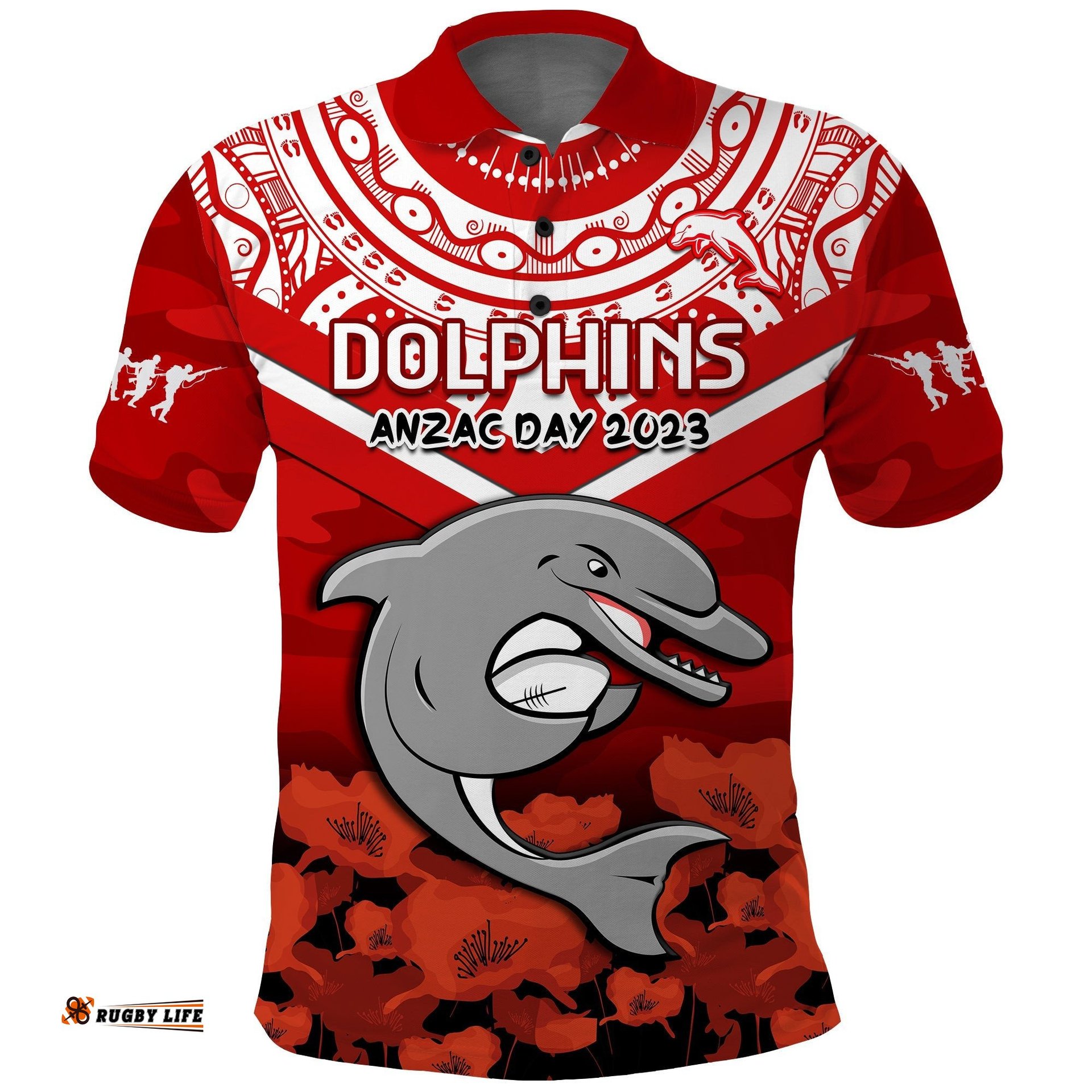 Dolphins Rugby ANZAC 2023 Polo Shirt Dots Poppy Mix Camouflage Lest We Forget Amazing Aussie