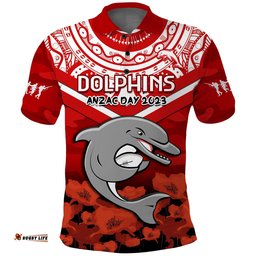 Dolphins Rugby ANZAC 2023 Polo Shirt Dots Poppy Mix Camouflage Lest We Forget Amazing Aussie