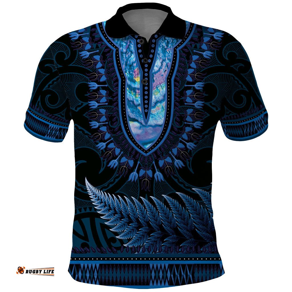 Blue African Dashiki With Aotearoa Maori Polo Shirt Paua Shell Mix Silver Fern