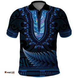 Blue African Dashiki With Aotearoa Maori Polo Shirt Paua Shell Mix Silver Fern