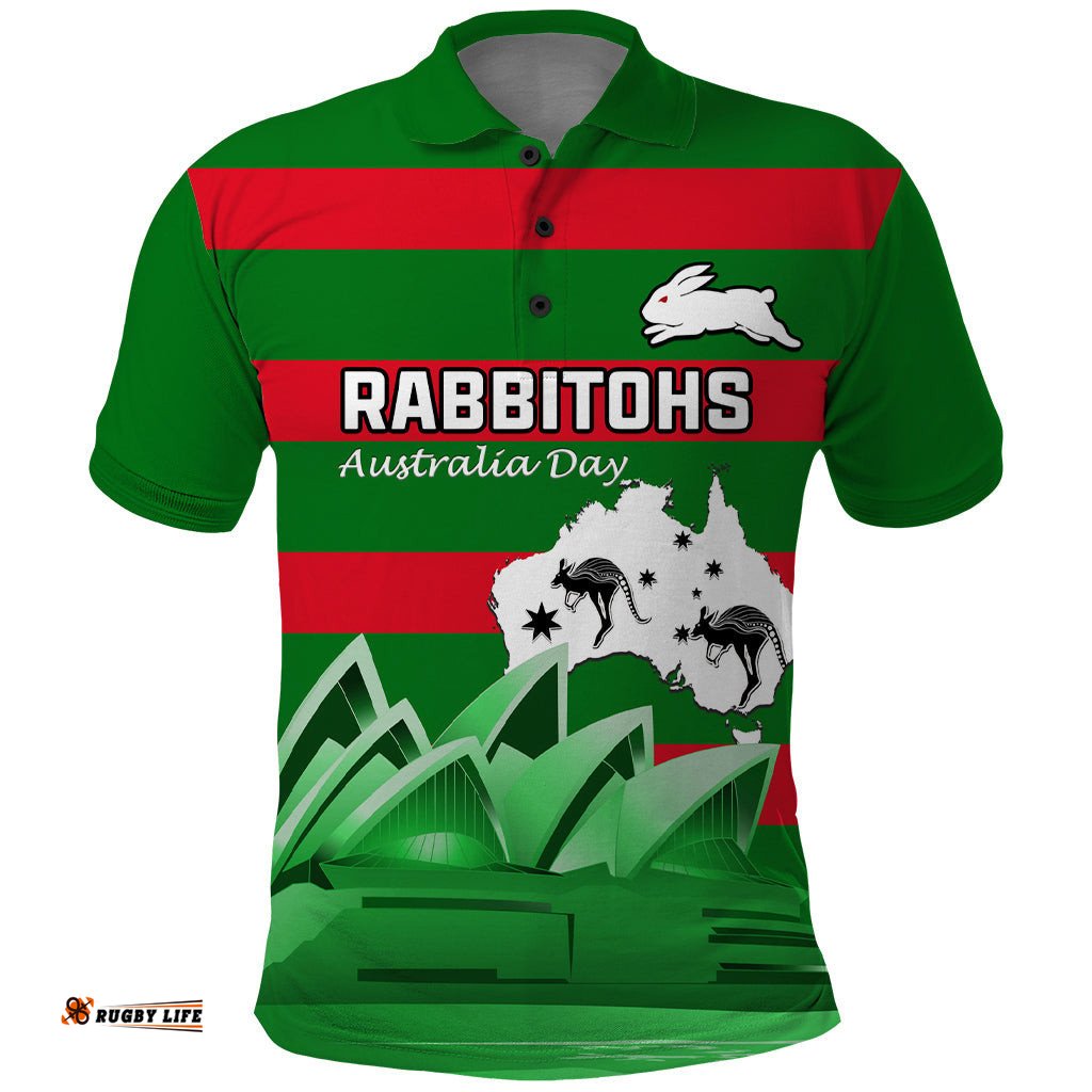 Custom Australia Day Rabbitohs Polo Shirt NRL 2024 Sydney Opera House With Map