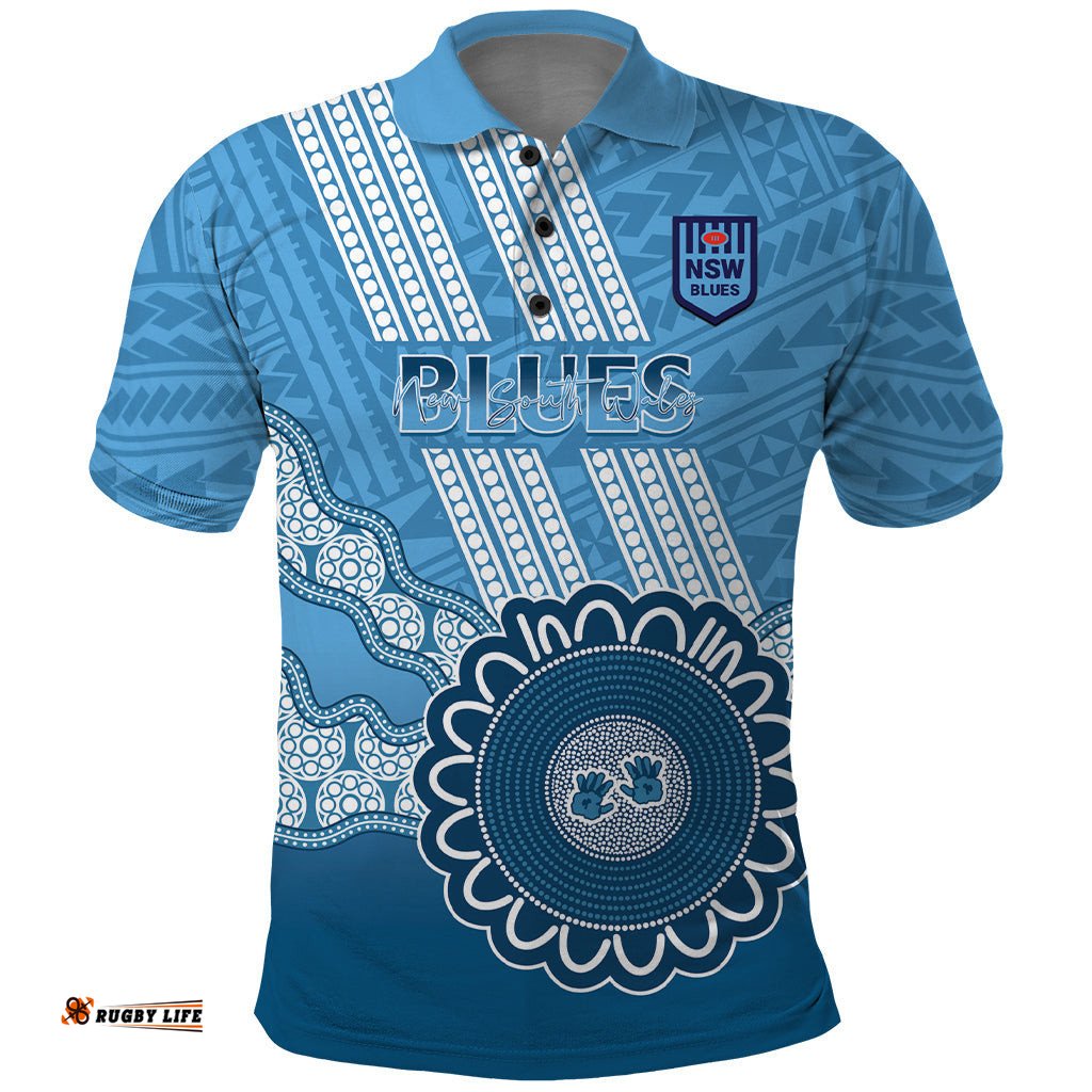 Custom NSW Blues Rugby Polo Shirt Aussie Aboriginal Mix Polynesian Pattern