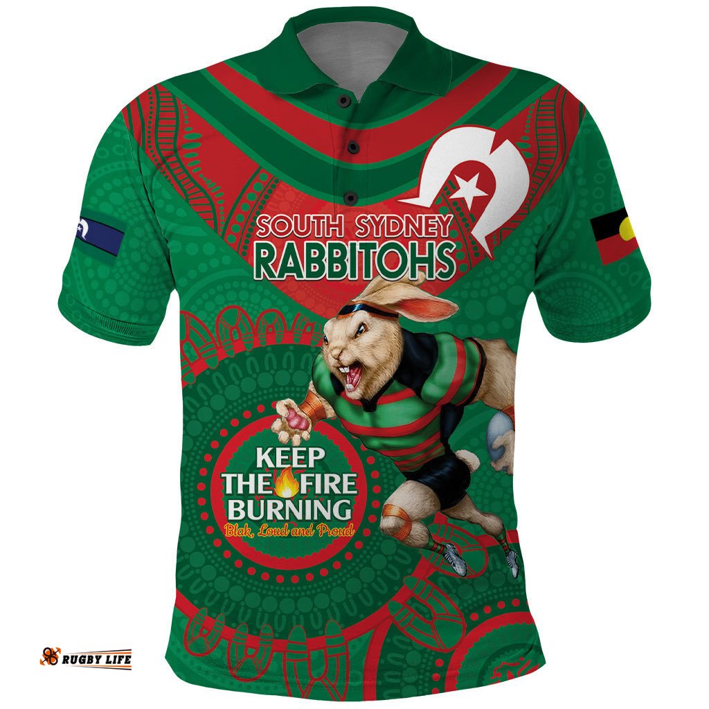 Custom NRL Rabbitohs NAIDOC Week Polo Shirt Keep The Fire Burning Indigenous Art