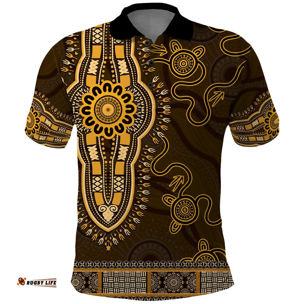 Gold African Dashiki With Australia Aboriginal Art Polo Shirt