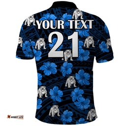 Custom Text And Number Bulldogs Rugby Polo Shirt Polynesian Style With Hibiscus