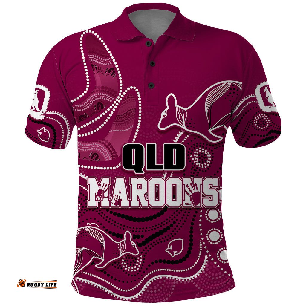 Personalised QLD Maroons Rugby Indigenous Polo Shirt Kangaroo Mix Boomerang