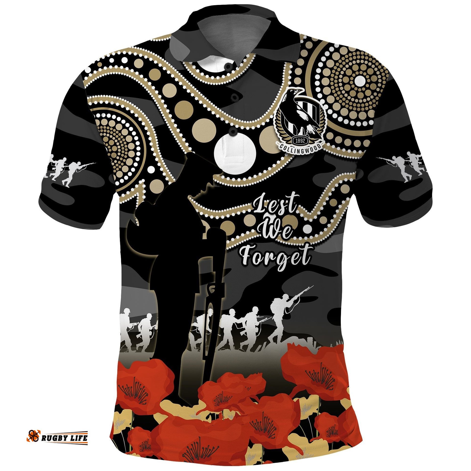 Custom Text And Number Collingwood Football ANZAC 2023 Polo Shirt Aboriginal Mix Poppy Camouflage Amazing Aussie