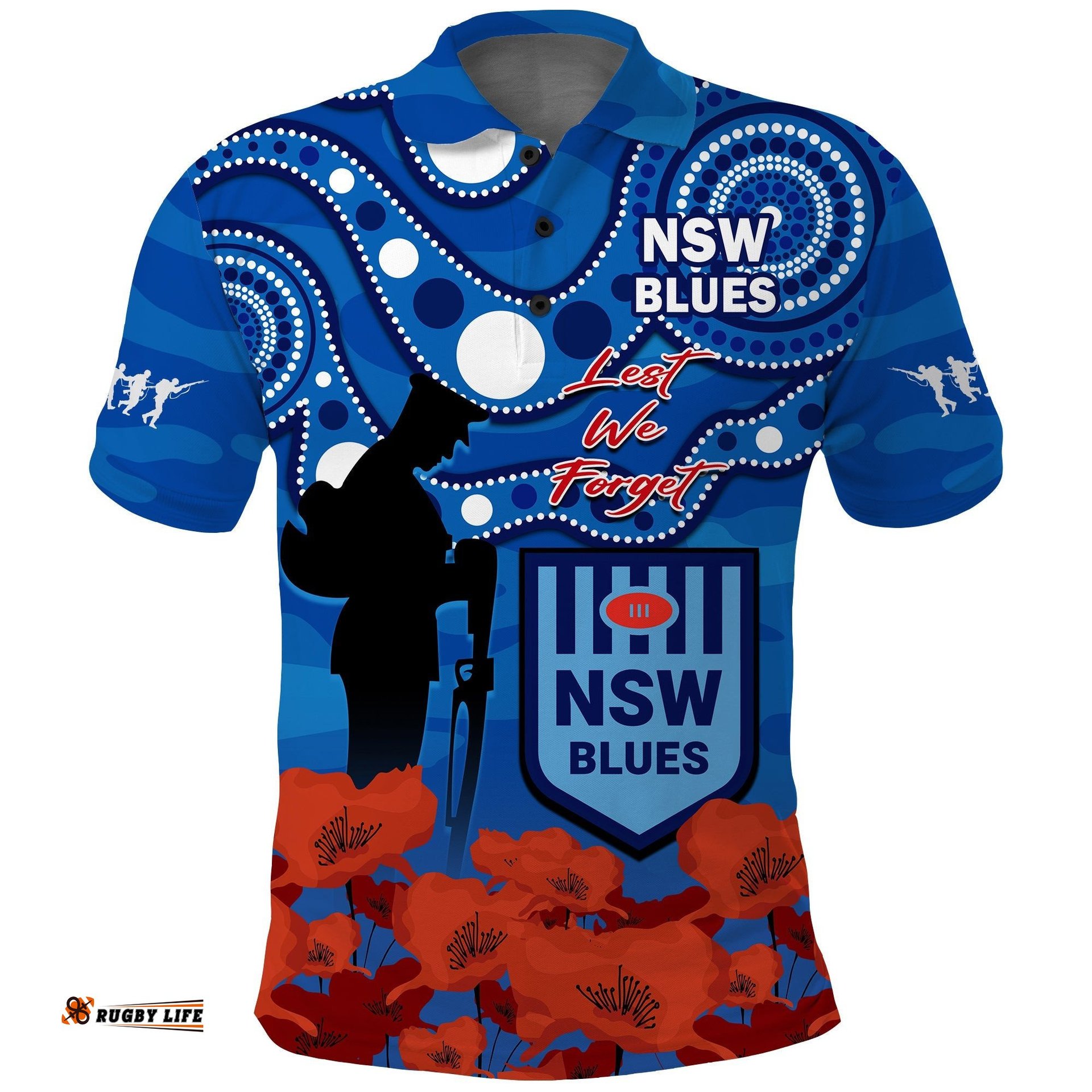 Blues Rugby ANZAC 2023 Polo Shirt NSW Aboriginal Mix Poppy Camouflage Amazing Aussie