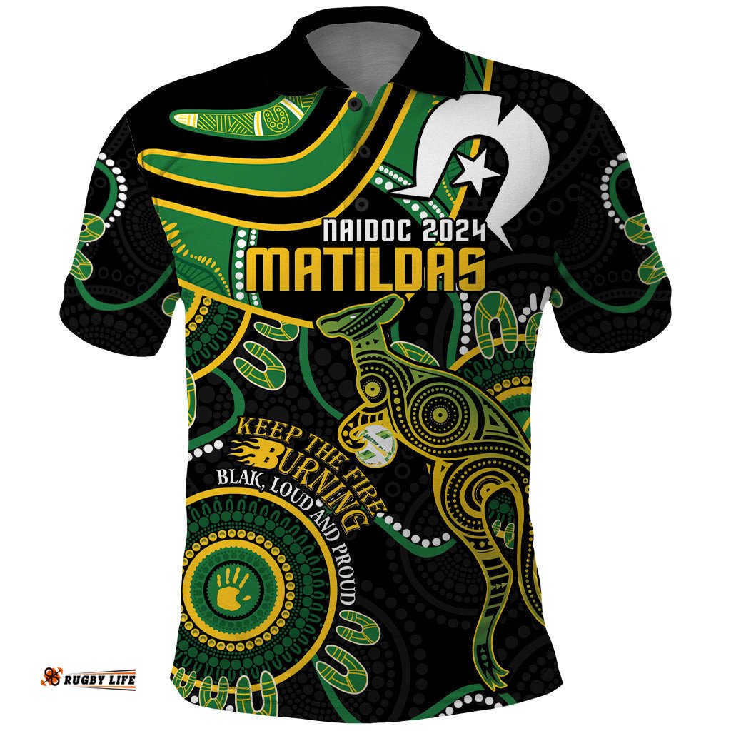 Custom Matildas NAIDOC Week Polo Shirt Australia Kangaroo Keep The Fire Burning - Black