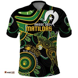 Custom Matildas NAIDOC Week Polo Shirt Australia Kangaroo Keep The Fire Burning - Black