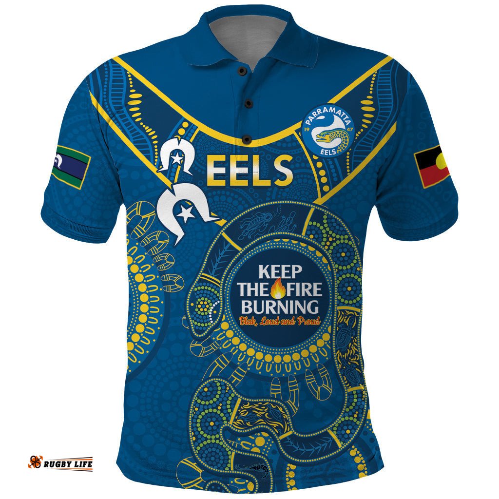 Custom NRL Eels NAIDOC Week Polo Shirt Keep The Fire Burning Indigenous Art