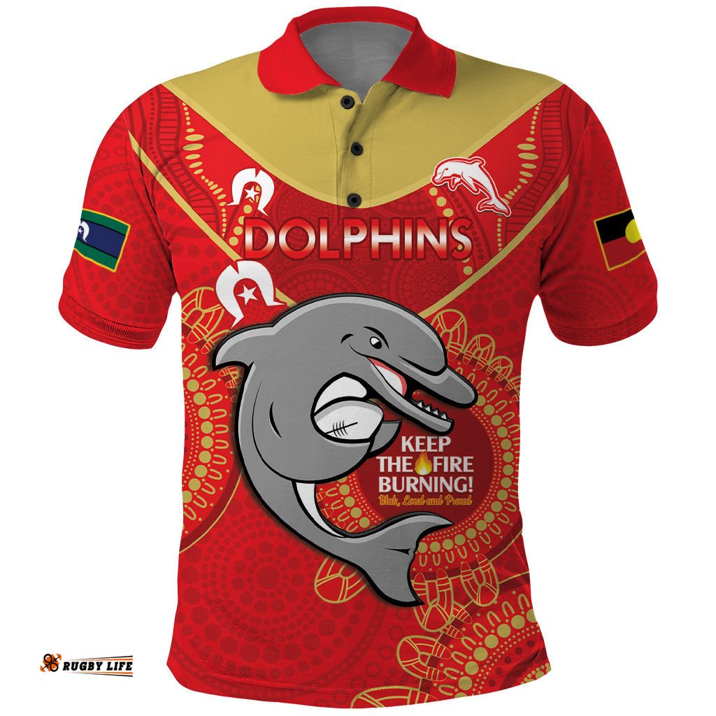 Custom NRL Dolphins NAIDOC Week Polo Shirt Keep The Fire Burning Indigenous Art