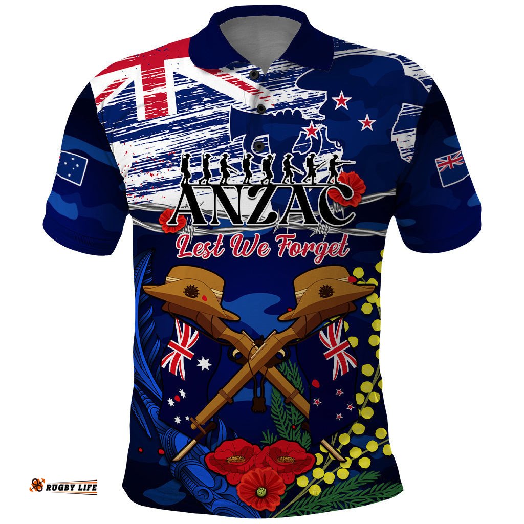 Australia And New Zealand ANZAC Day Polo Shirt Lest We Forget Silver Fern With Golden Wattle
