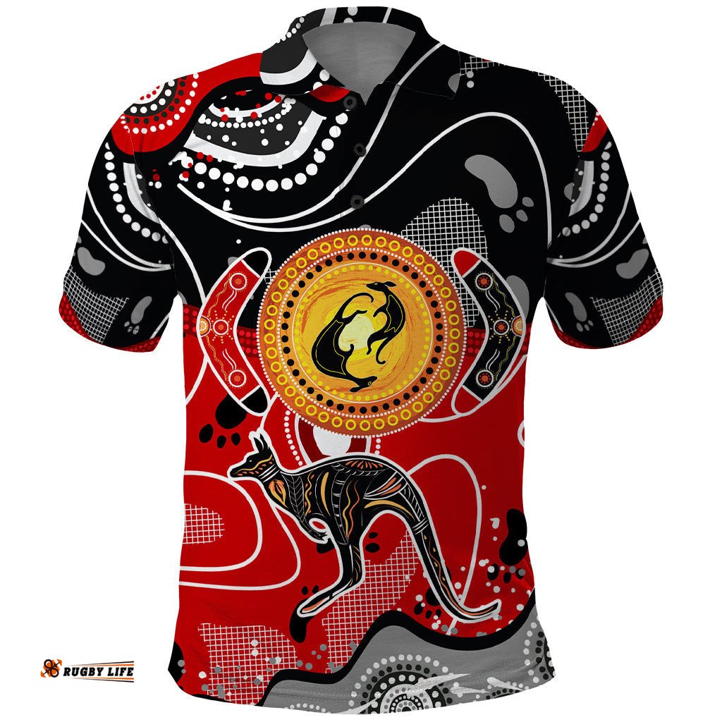 Aboriginal Flag Style Dot Art And Abstract Kangaroo Polo Shirt TS04