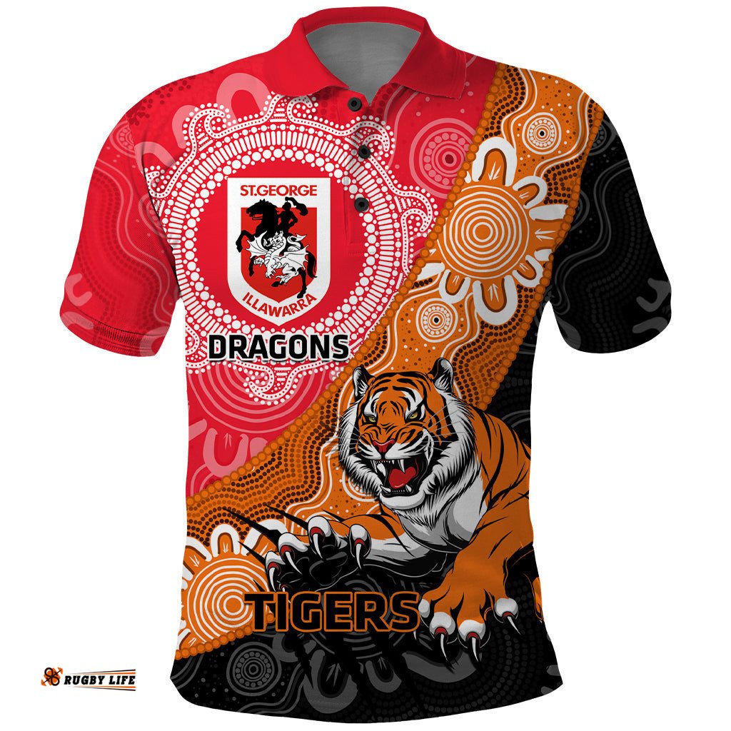 Personalised Dragons And Tigers Rugby Polo Shirt Aboriginal Art