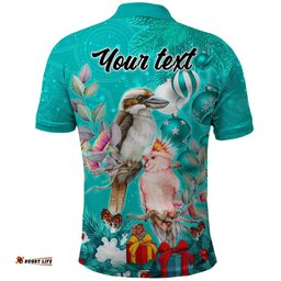 Personalised Kookaburra and Cockatoo Polo Shirt Australia Merry Christmas Aboriginal Teal Style