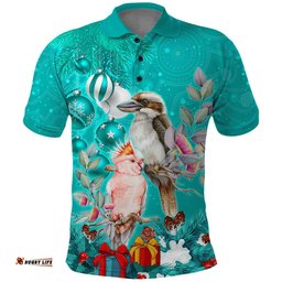 Personalised Kookaburra and Cockatoo Polo Shirt Australia Merry Christmas Aboriginal Teal Style