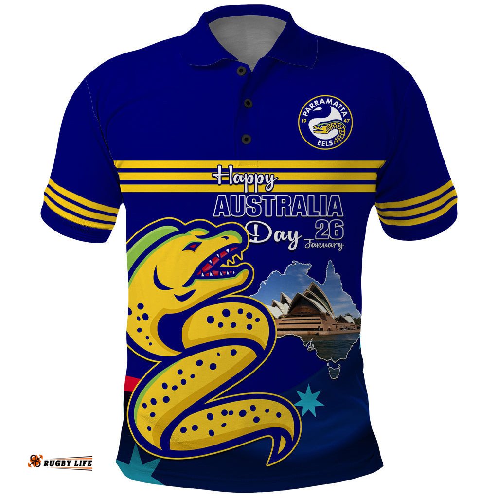Custom Australia Day Eels Polo Shirt NRL 2024 Sydney Opera House With Map