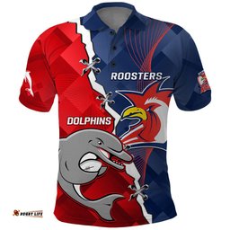 Personalised Dolphins And Roosters Rugby Polo Shirt NRL Sporty Style