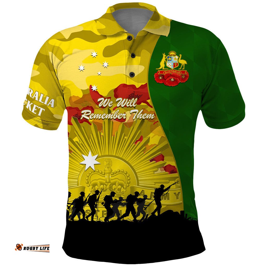 Australia Cricket ANZAC Day 2024 Polo Shirt Australian Army Camouflage With Poppies