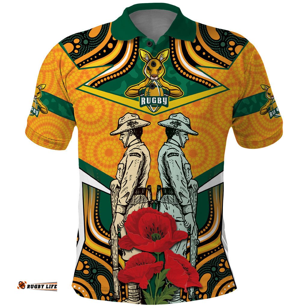 Australia Wallabies Rugby ANZAC Custom Polo Shirt Poppy Soldier With Aboriginal Dots Art
