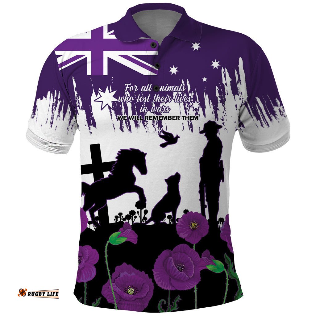 Australia Animal Heroes ANZAC Polo Shirt Purple Poppy We Will Remember Them