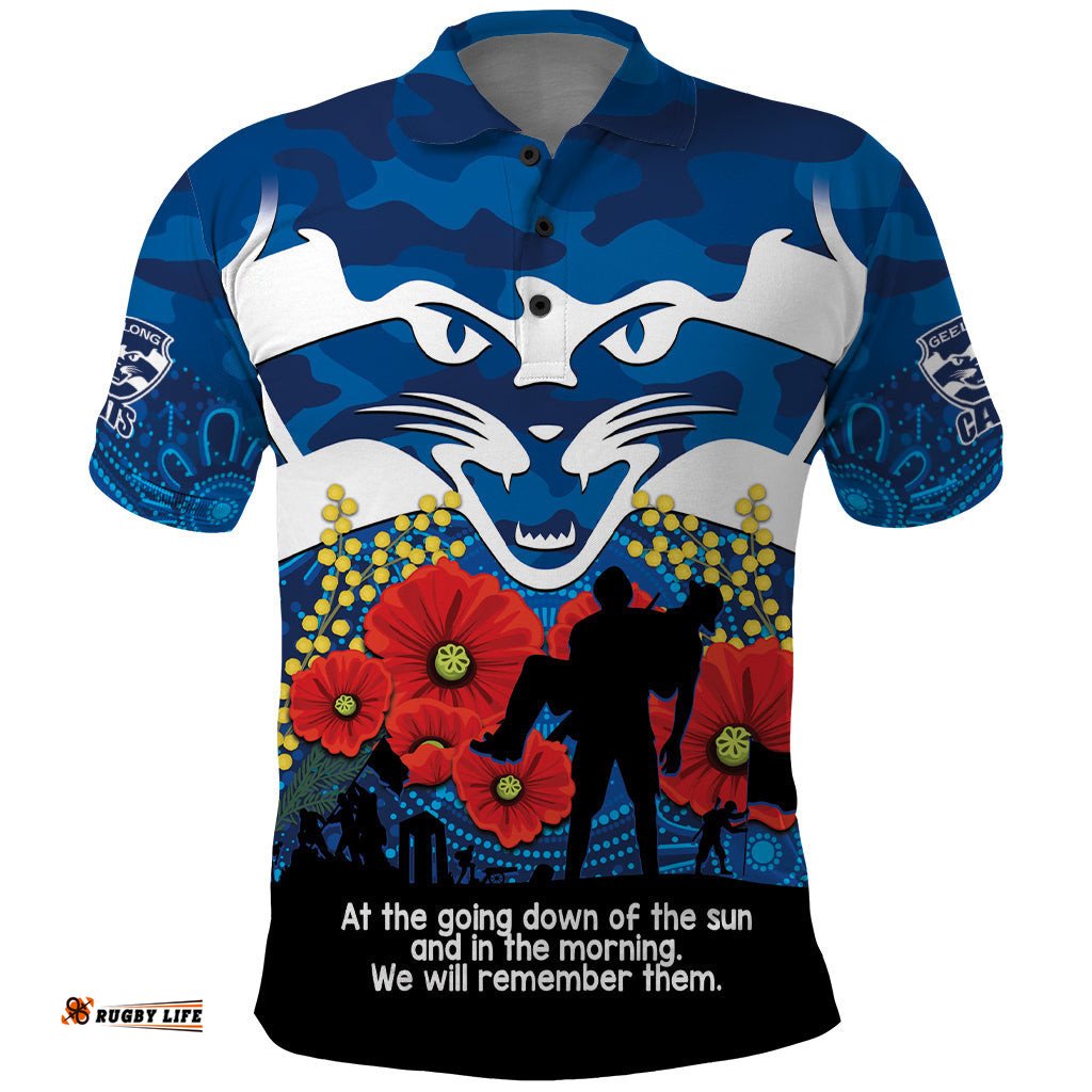 Custom Geelong Football ANZAC Polo Shirt Gallipoli Camouflage With Poppies
