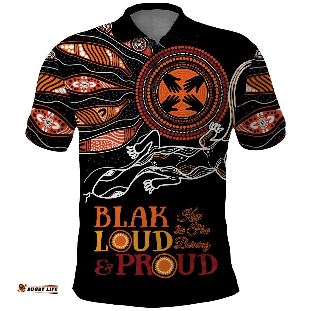 Australia NAIDOC 2024 Polo Shirt Blak Loud and Proud Aboriginal Lizard Art