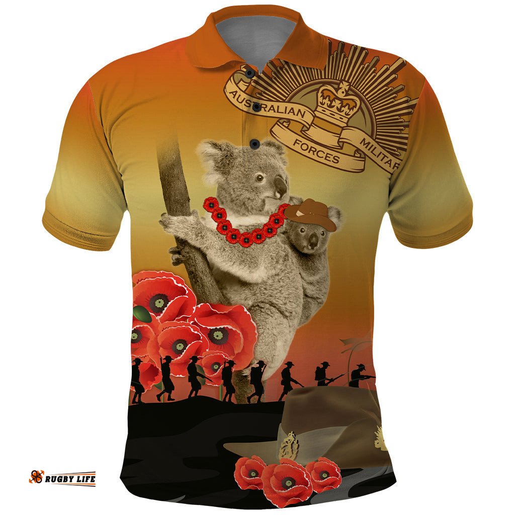 Australia Koala Soldier Style Polo Shirt Last Post Lest We Forget