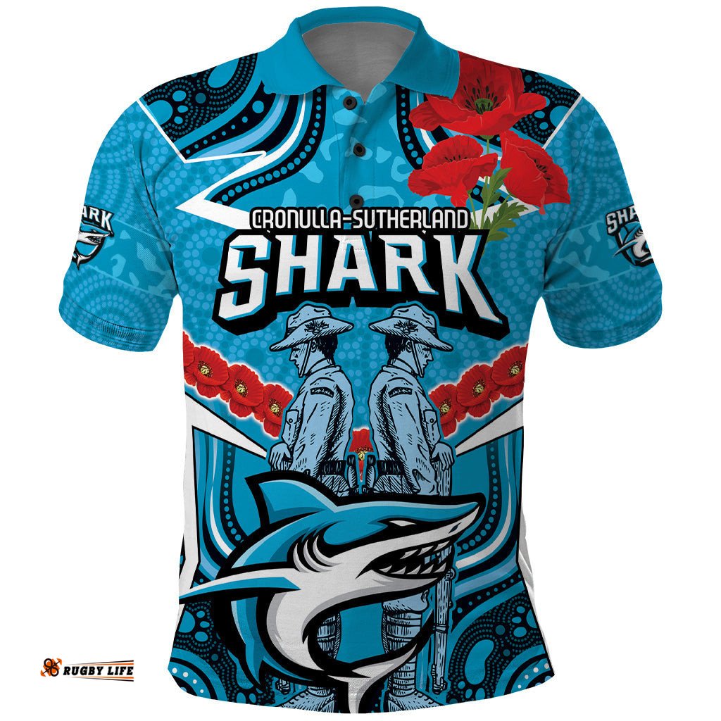 Custom Sharks Rugby ANZAC Polo Shirt Gallipoli Soldier With Aboriginal Art