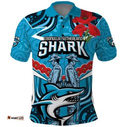 Custom Sharks Rugby ANZAC Polo Shirt Gallipoli Soldier With Aboriginal Art