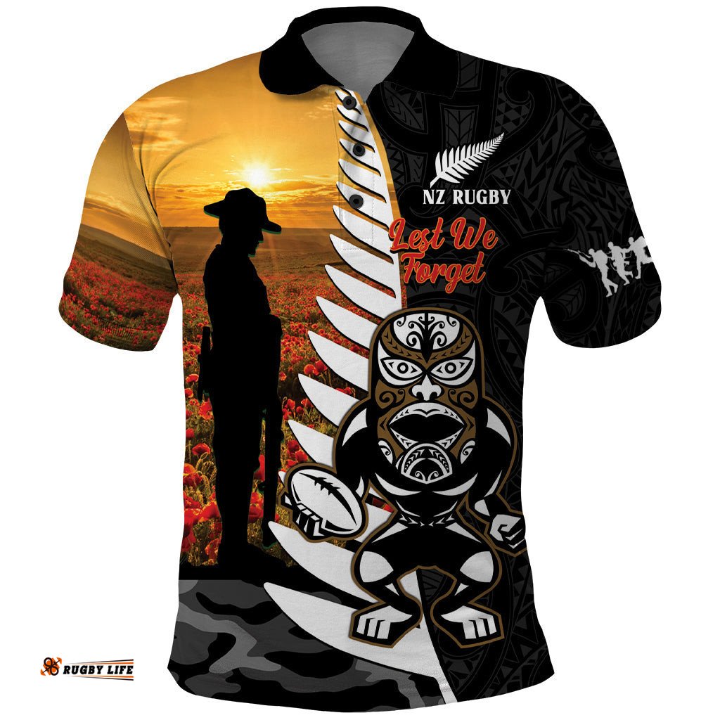 Custom New Zealand Silver Fern Rugby ANZAC Day Polo Shirt 2024 All Black Tiki Mascot