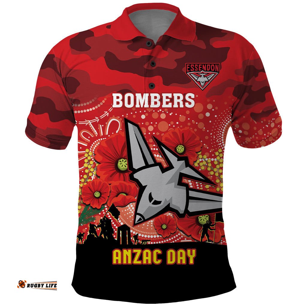 Custom Essendon Football ANZAC Polo Shirt Gallipoli Camouflage With Poppies