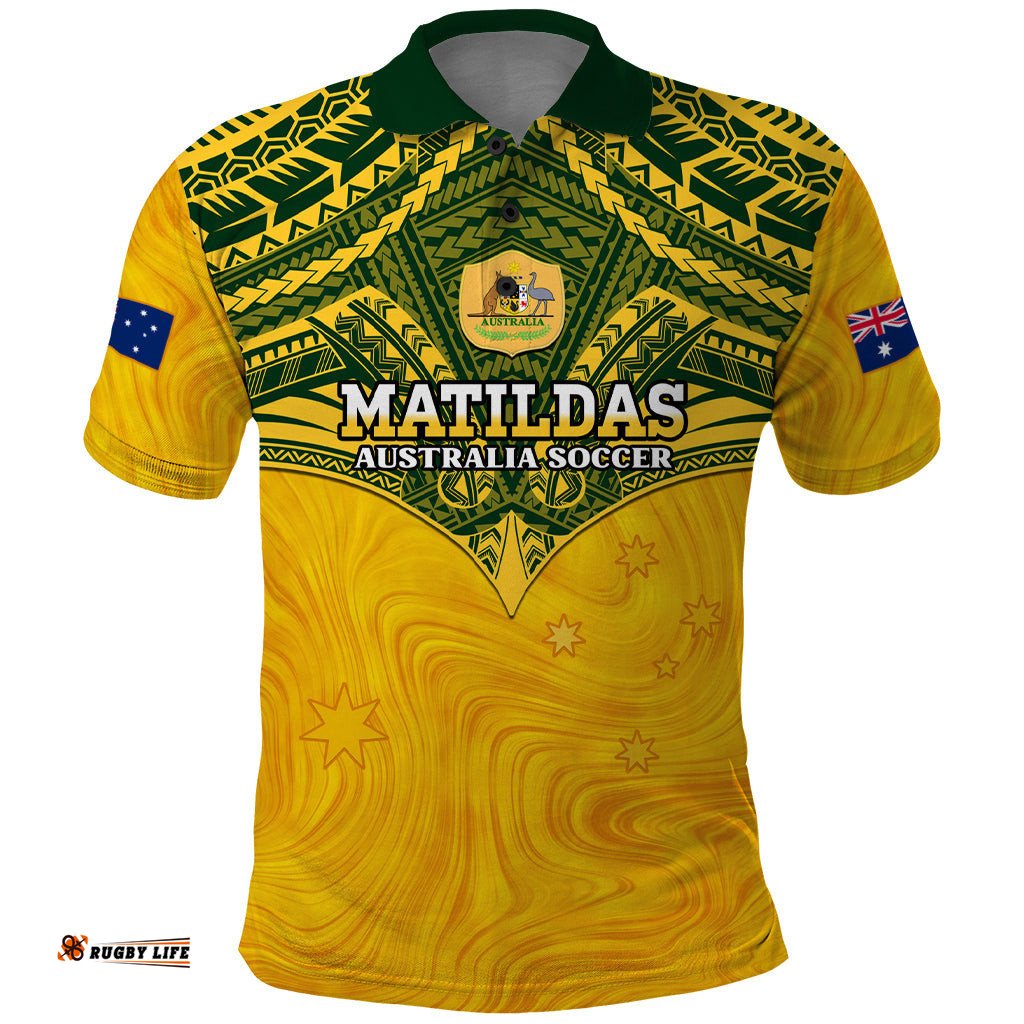 Custom Australia Matildas Polo Shirt Polynesian Mix Gold Marble