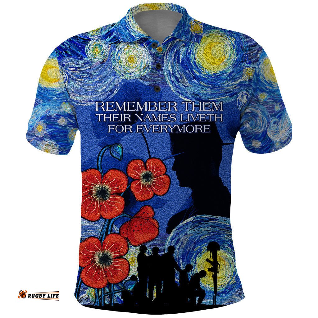 Remember Them ANZAC day Polo Shirt Soldier In Starry Night Oil Paint Style