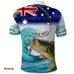 Personalised Australia Fishing Polo Shirt Barramundi With Ocean Waves Flag Grunge Style