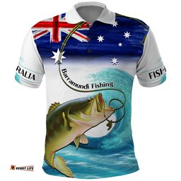 Personalised Australia Fishing Polo Shirt Barramundi With Ocean Waves Flag Grunge Style