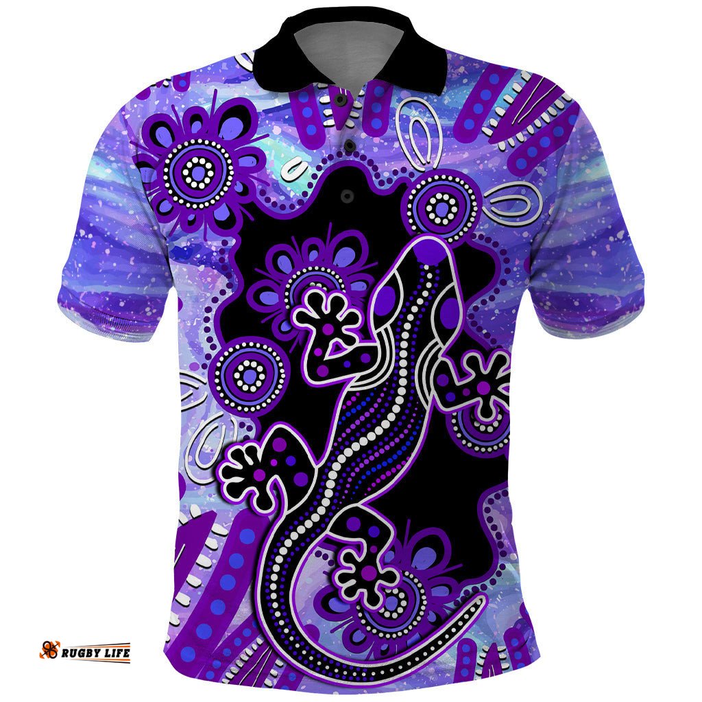 Australia Opal Polo Shirt Aussie Lizard With Aboriginal Art - Purple