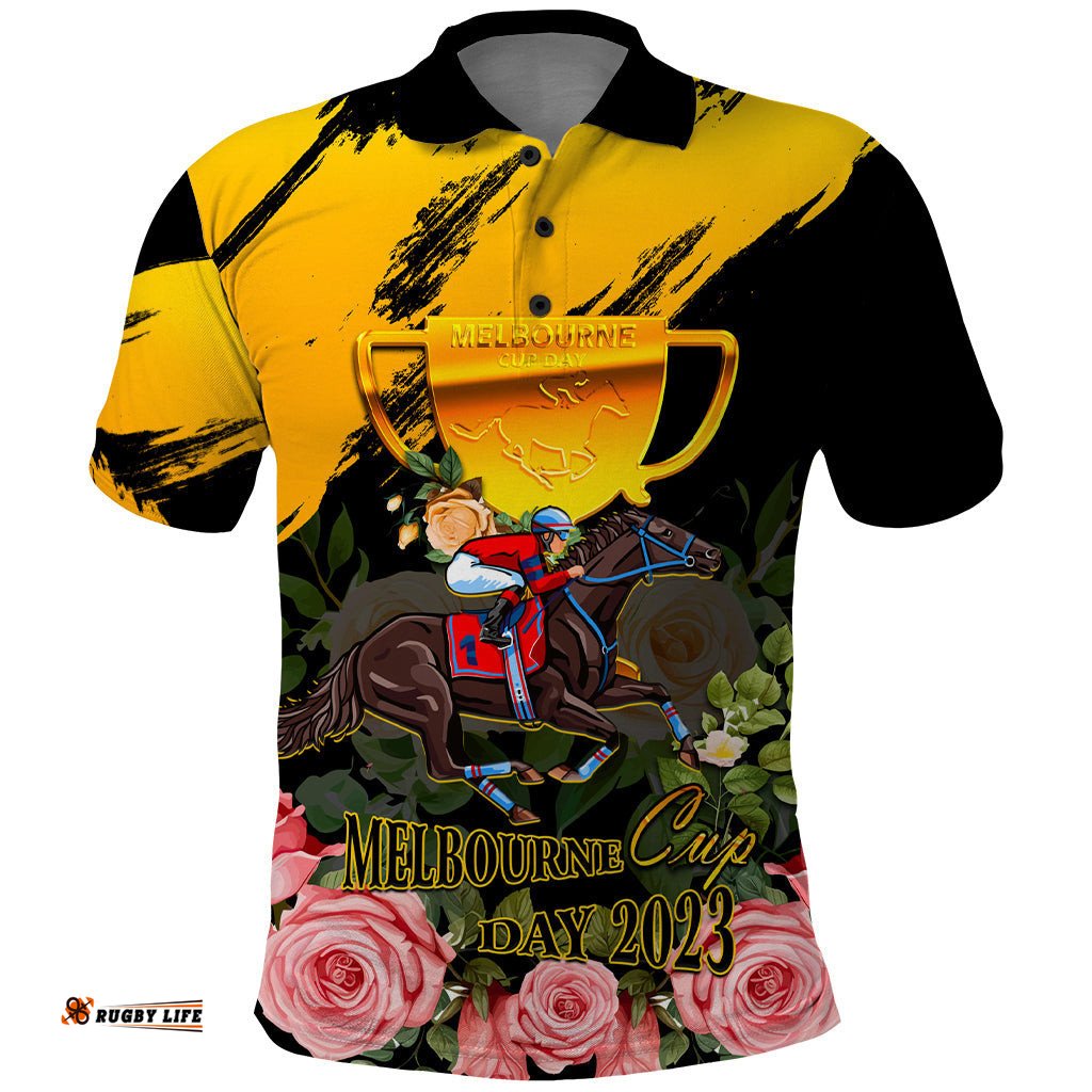 Personalised Australia Melbourne Cup Day Polo Shirt 2023 Horse Racing Trophy With Roses